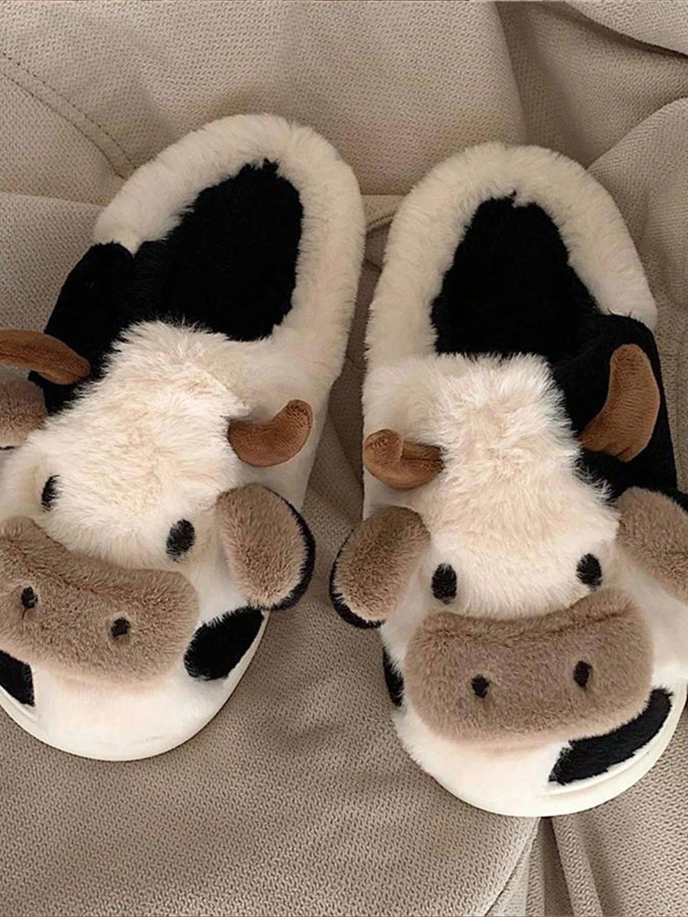 Cow Pattern Plush Slippers Cozy Winter House Shoes for Adults