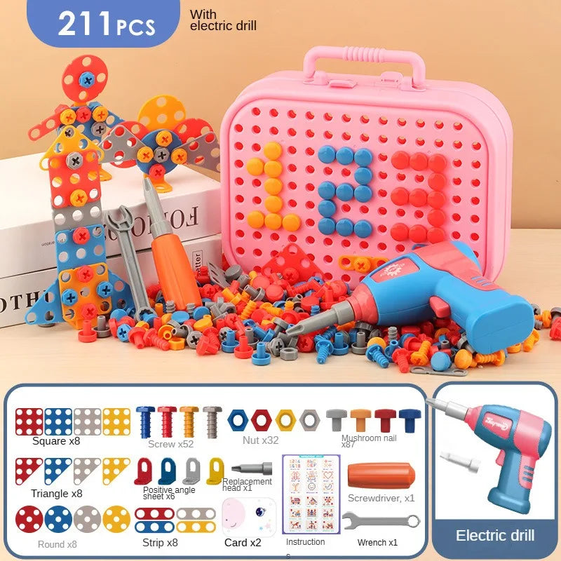 211PCS Pretend Repair Toolbox DIY Assembling Power Screwdriver Toy Kit Creative Games Educational Montessori Toys