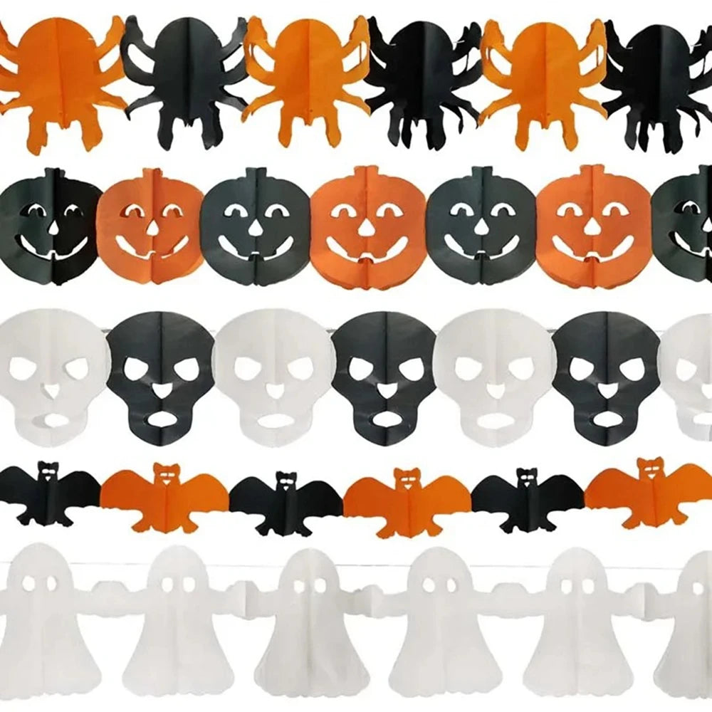 Halloween Paper Banner Spider Pumpkin Ghost Bat Paper Chain Halloween Decoration Garland Banner Paper Pull Flower Party Supplies