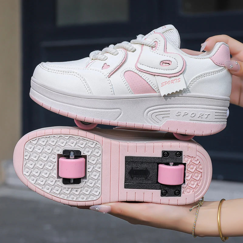 Girls Retractable Roller Shoes Breathable Walking Sneakers