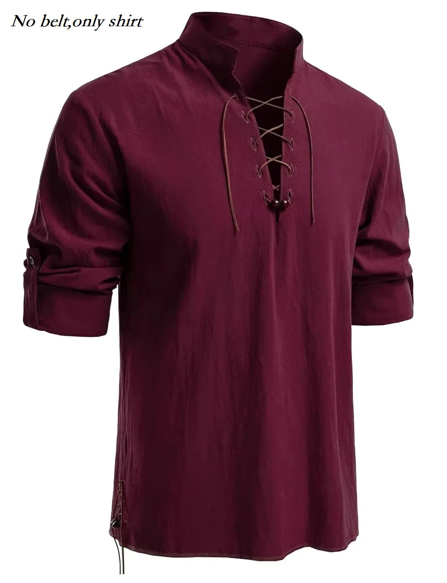 Runcati Mens Medieval Pirate Shirt Cotton Retro Lace Up Renaissance Shirts Viking Long Sleeve Halloween Costume Tops
