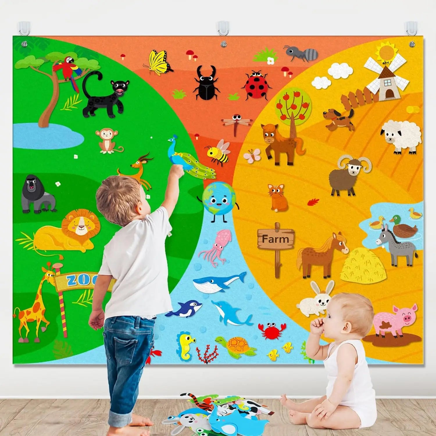 Farm Animals Felt Story Busy Board 4 IN 1 Themed Storytelling Farm Sea Zoo Vehicle Early Learning Interactive Wall Hanging Gifts