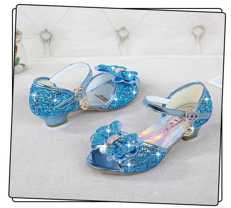 Children Princess Sandals Kids Girls Wedding Shoes High Heels Dress Shoes Bowtie Purple Pink Blue Silver Shoes For Girls