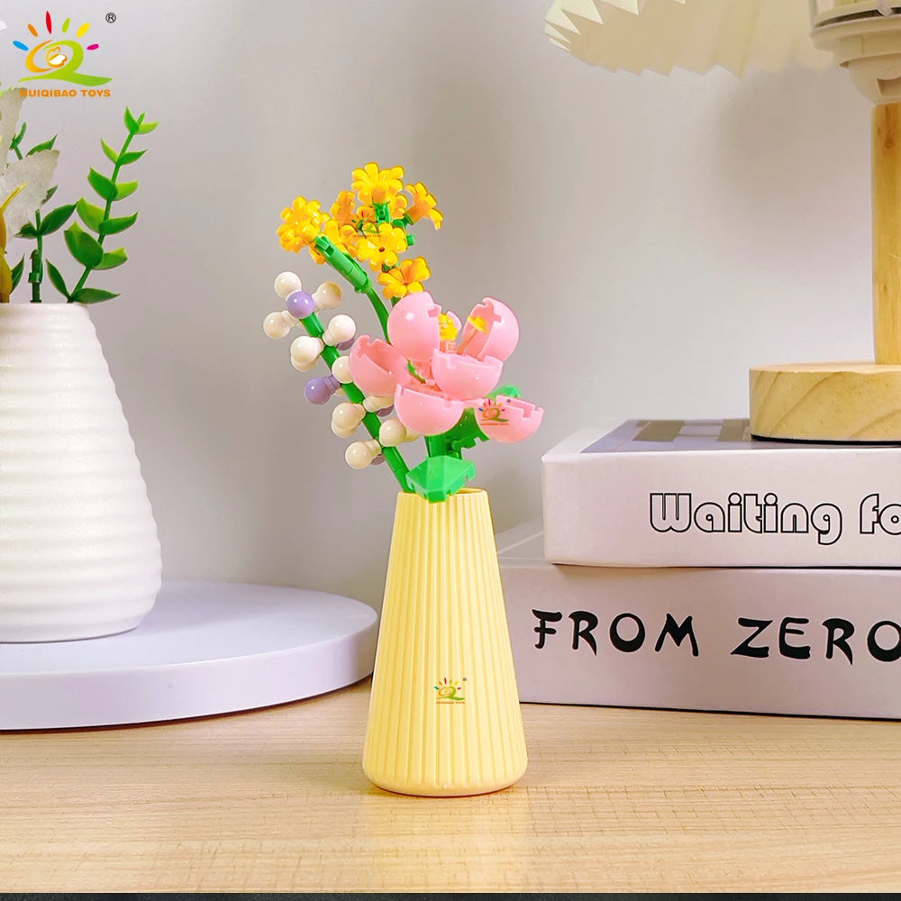 HUIQIBAO MOC Flower with pot Micro Building Block Sunflower Mini Model Bricks set Flowers Toys for Adults home Desk Decoration