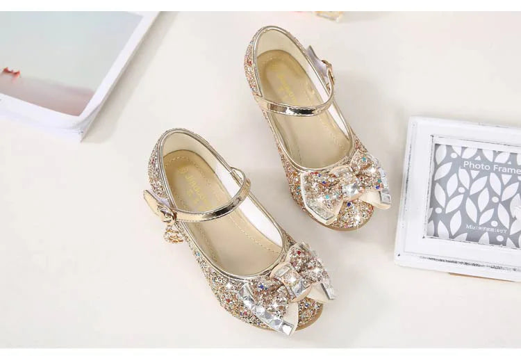 Princess Kids Leather Shoes for Girls Flower Casual Glitter Children High Heel Girls Shoes Butterfly Knot Blue Pink Silver