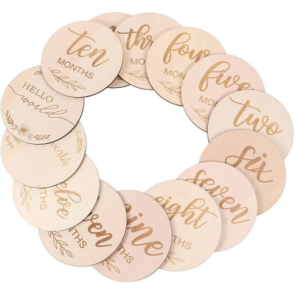 Wooden Wood Chip Month Souvenir Card Baby Growth Milestone Double Sided Laser Engraved Wooden Chip Newborn Photography Props