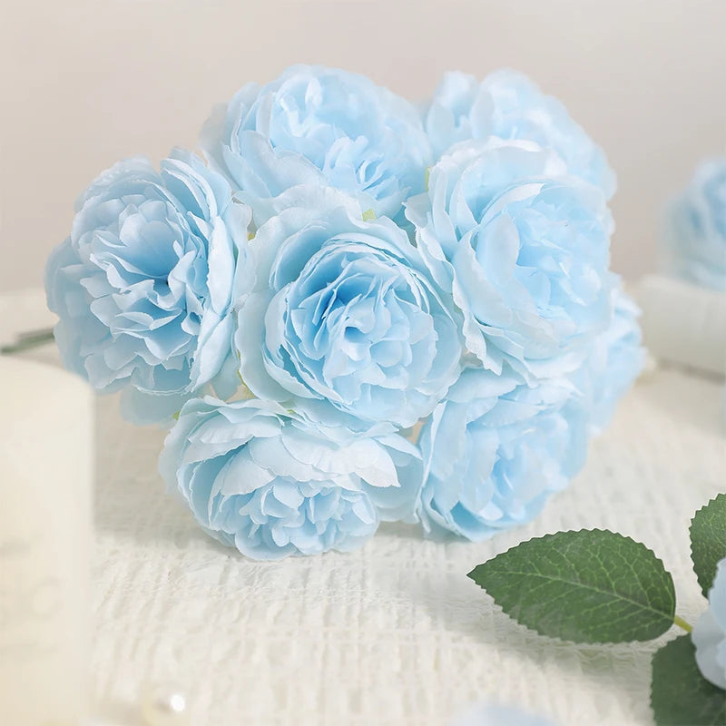20CM 6Pcs Artificial Silk Blue Peony Flowers With Stems Fake Peony Bouquet  for Home Wedding Decoration Office Desks Ornament