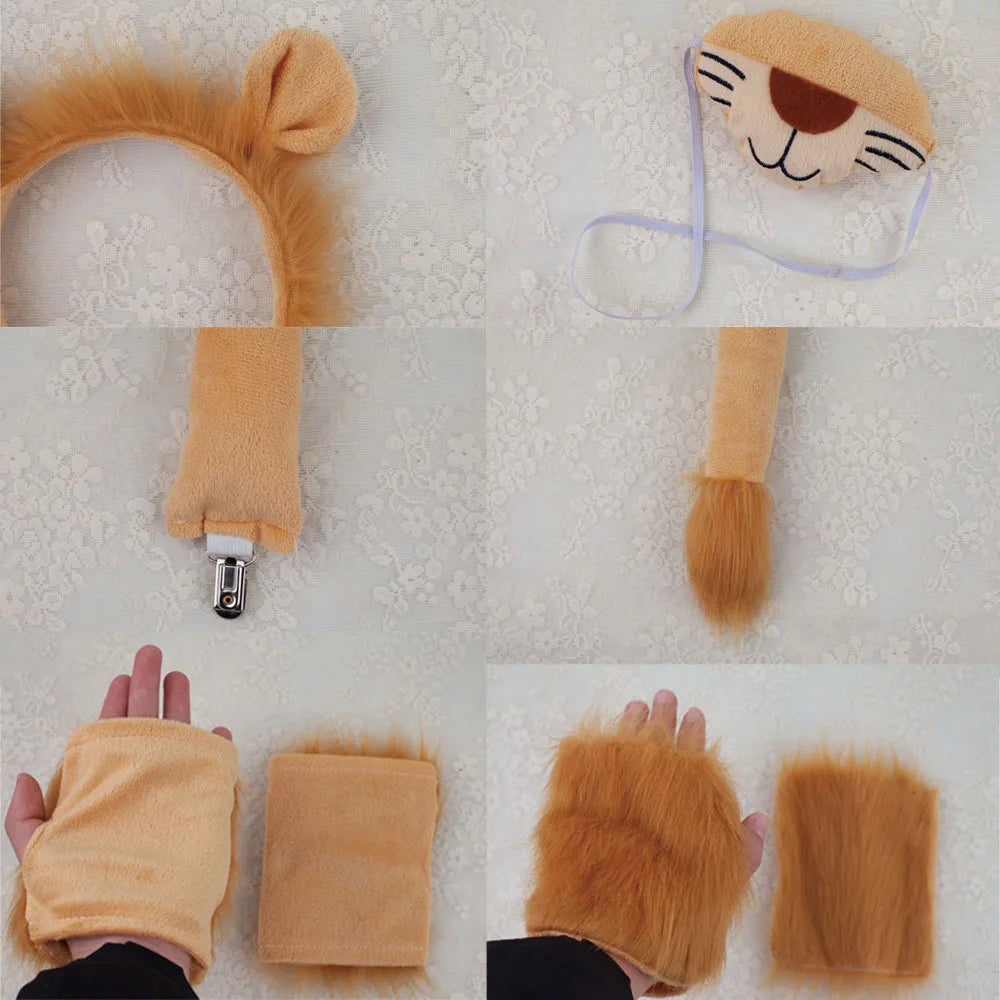 Lion Headband Tail Gloves Cosplay Kawaii Animal Ears Headdress Tie Halloween Party Wearings Adults Xmas Decor DIY Accessories