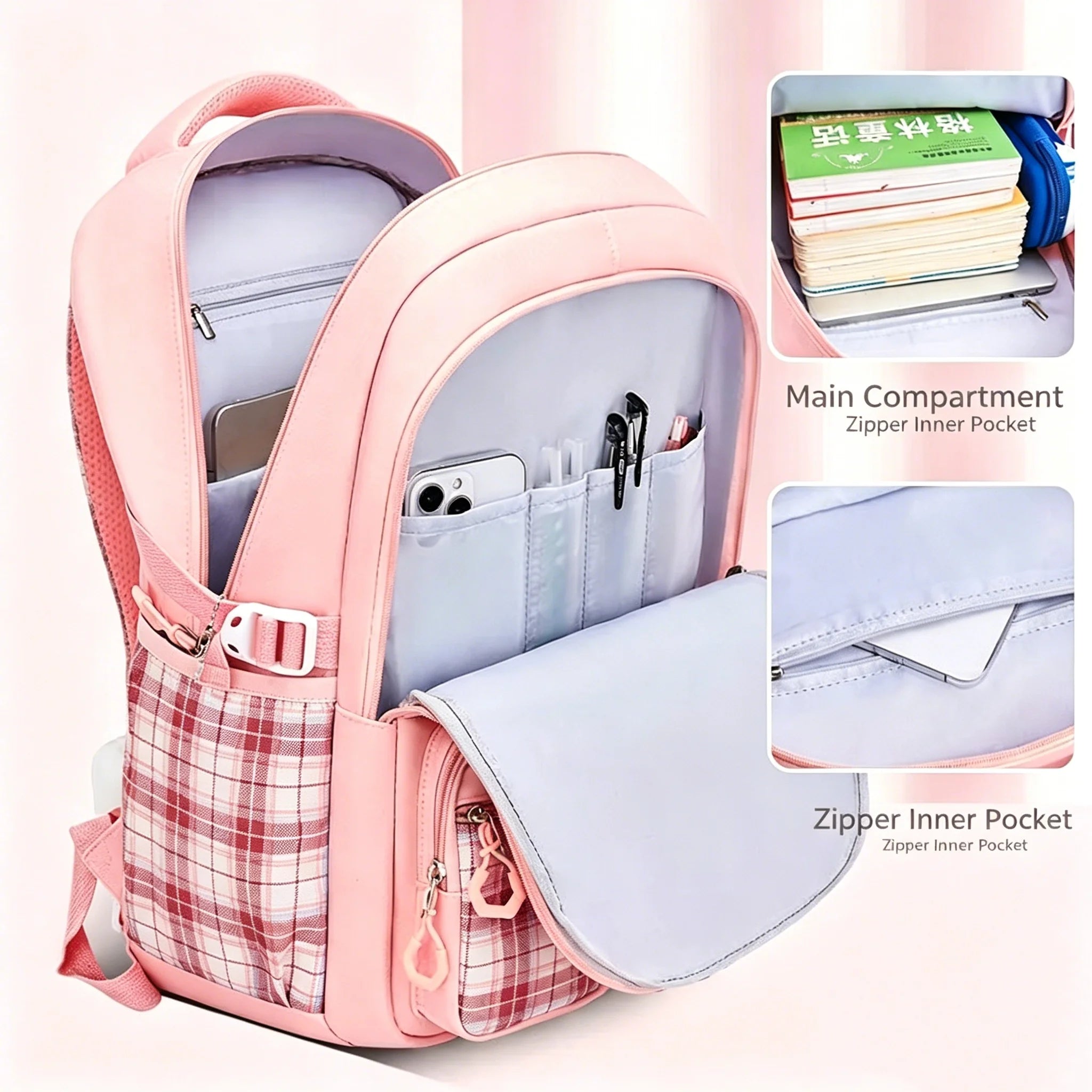 Protecting The Spine Ergonomics Elementary School Students Girls Checkered Backpack Large Capacity Lightweight Waterproof