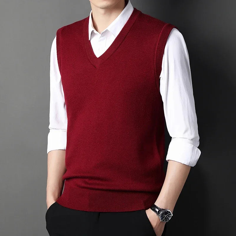 2026 Autumn Winter New Men's Solid Color V-neck Knitted Vest Casual Fashion Warm Sweater Versatile Top