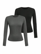 Women's solid-color long-sleeved T-shirt - Polyester knitted fabric, round neck, regular fit, fall-winter style
