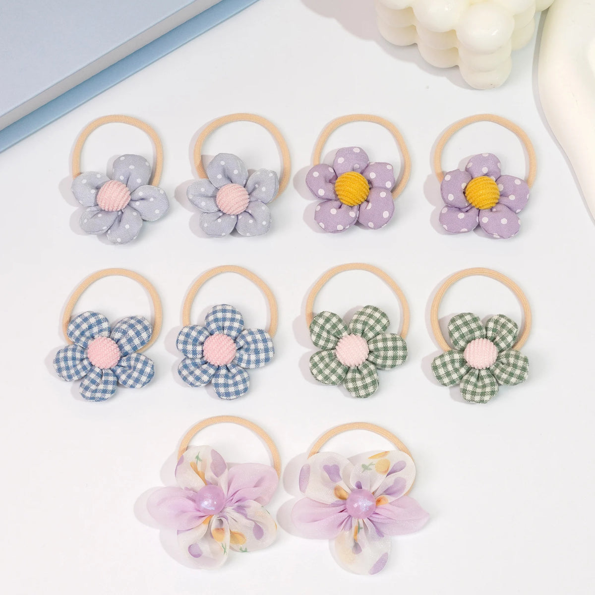 8/10Pcs Boutique Childrens Hair Ties with Flowers, Hair Bow Ties for Girls, Elastics Ponytail Holders Pigtails Rubber Band