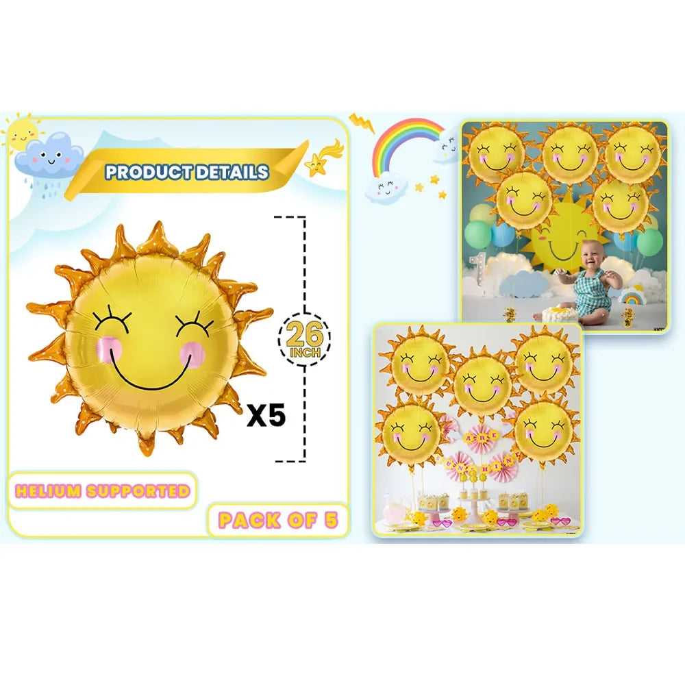 5Pcs 26Inch Smile Face Sun Balloon for Party Mylar Sunshine Balloons Summer Balloon for Sunshine First kids Birthday Decorations