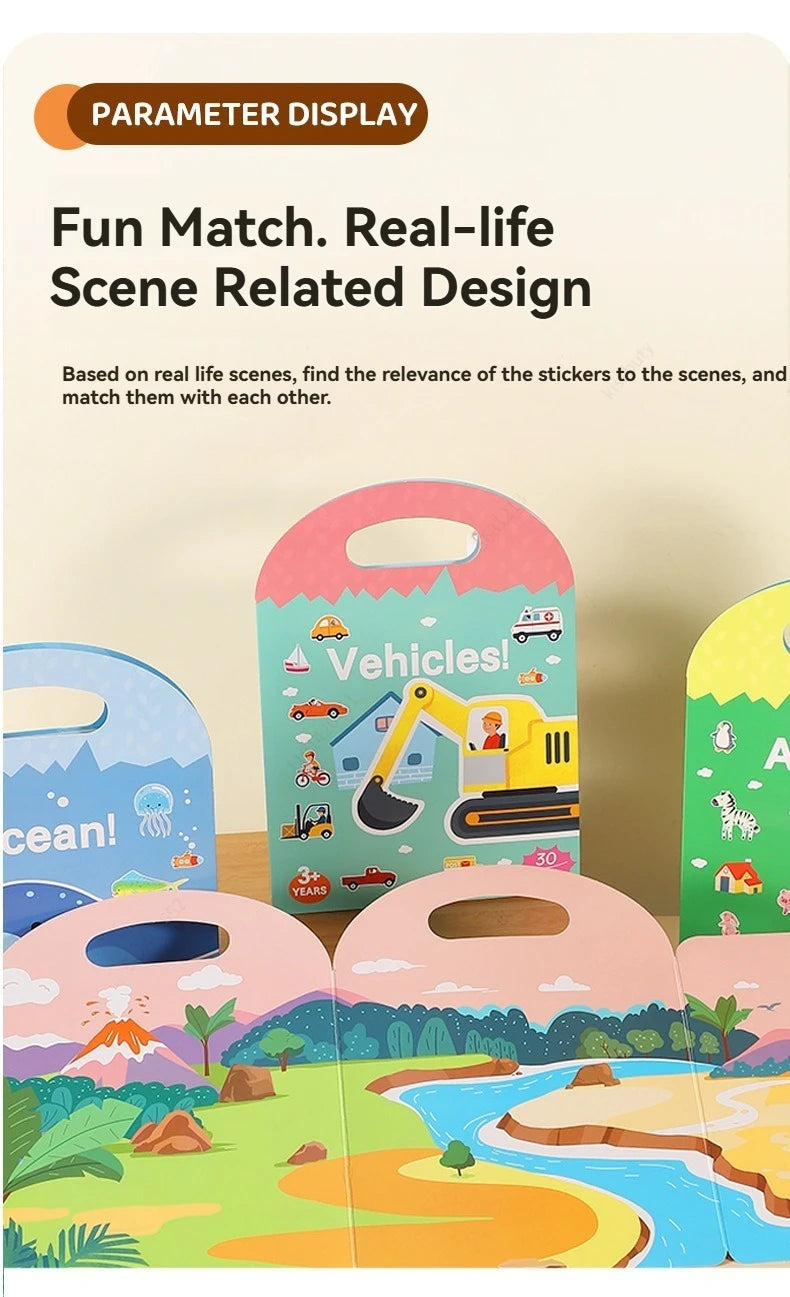 Sticker Books 3D Reusable Stickers Books Animal Dinosaurs Ocean World Vehicle Educational Travel Stickers