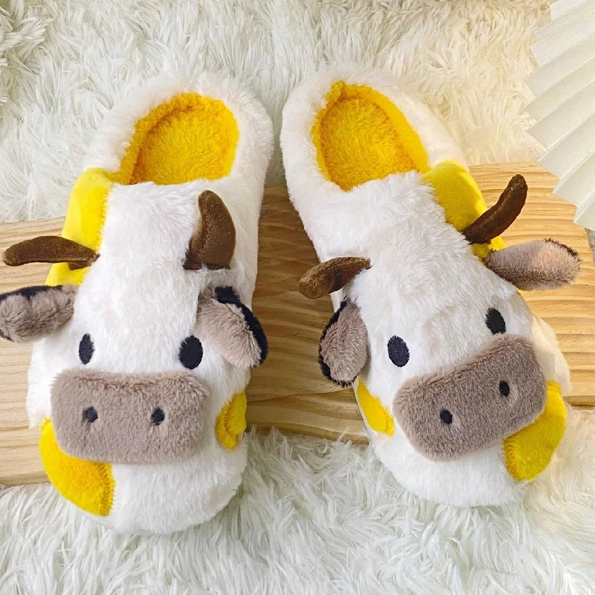 Cow Pattern Plush Slippers Cozy Winter House Shoes for Adults