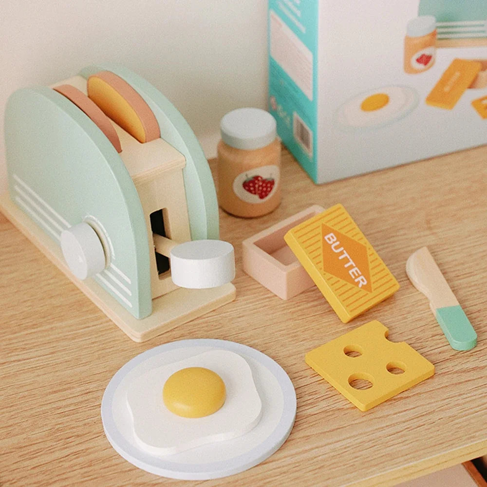 Wooden Toaster Toy Kids Pretend Play Kitchen Educational Breakfast Set