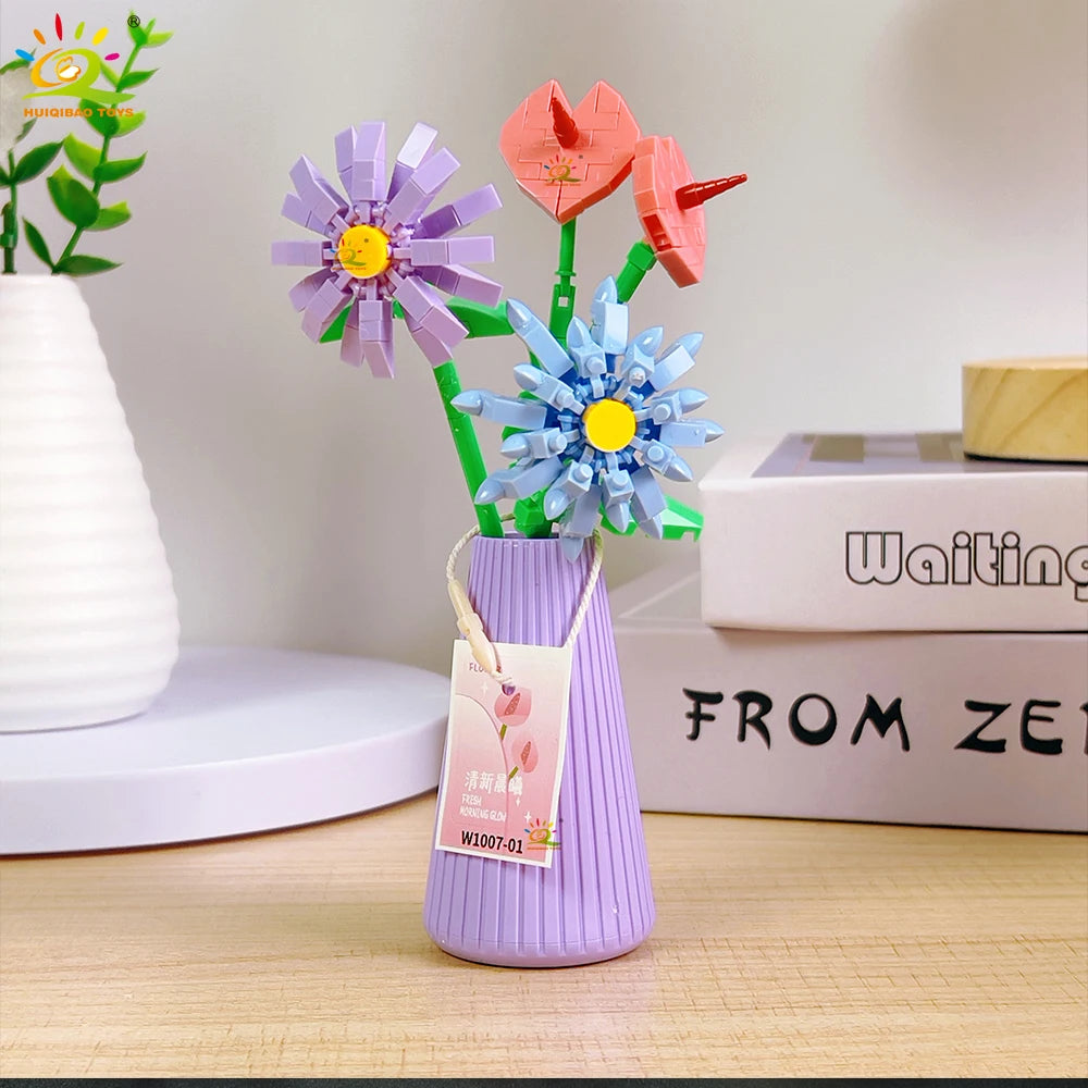 HUIQIBAO MOC Flower with pot Micro Building Block Sunflower Mini Model Bricks set Flowers Toys for Adults home Desk Decoration