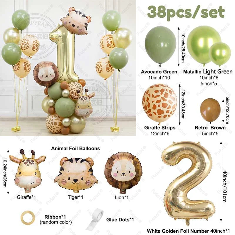 38pcs Wild Animal Balloon Tower with Gold 1-9 Number Balloon for Jungle Safari Birthday Party Decoration Forest Party Supply