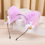 Plush Rabbit Sexy Cat Ears Headband for Women Girls Lace Bow Necklace Plush Bell Hairband Cosplay Masquerade-Party Costume Hair