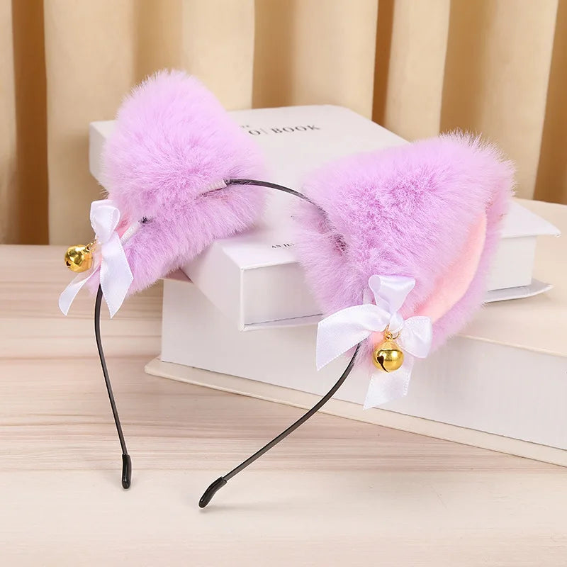 Plush Rabbit Sexy Cat Ears Headband for Women Girls Lace Bow Necklace Plush Bell Hairband Cosplay Masquerade-Party Costume Hair