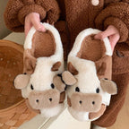 Cow Pattern Plush Slippers Cozy Winter House Shoes for Adults