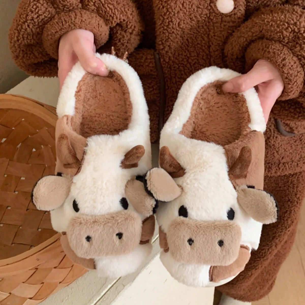 Cow Pattern Plush Slippers Cozy Winter House Shoes for Adults