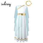 Girls Athena Costume Greek Princess Dress Ancient Greece Roman Toga with Laurel Headwear Halloween Carnival Cosplay Outfits Sets