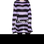 New Streetwear Top Punk Gothic Long Unisex Sweater Summer Women Striped Cool Hollow Out Hole Broken Jumper Loose Rock Thin Dark