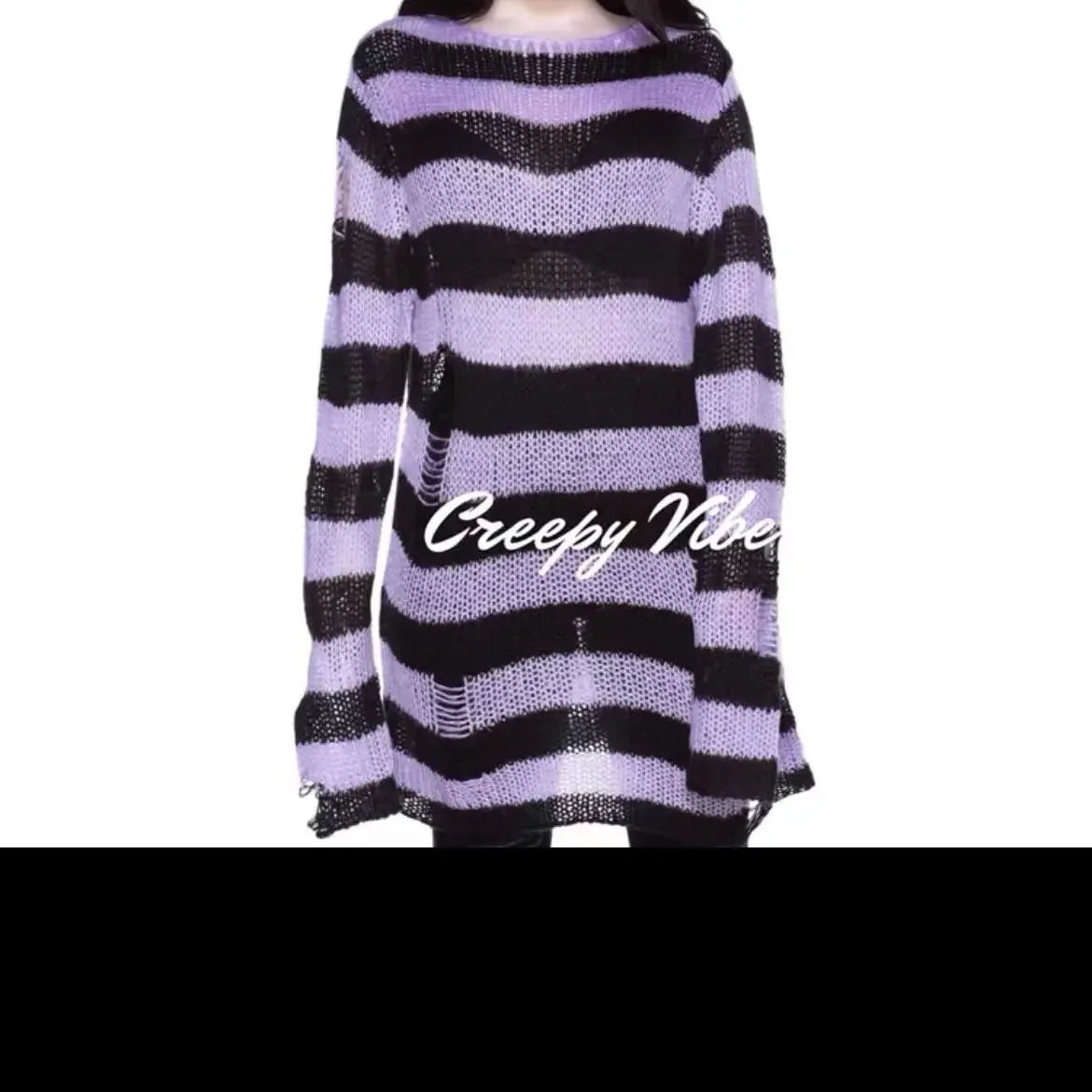 New Streetwear Top Punk Gothic Long Unisex Sweater Summer Women Striped Cool Hollow Out Hole Broken Jumper Loose Rock Thin Dark