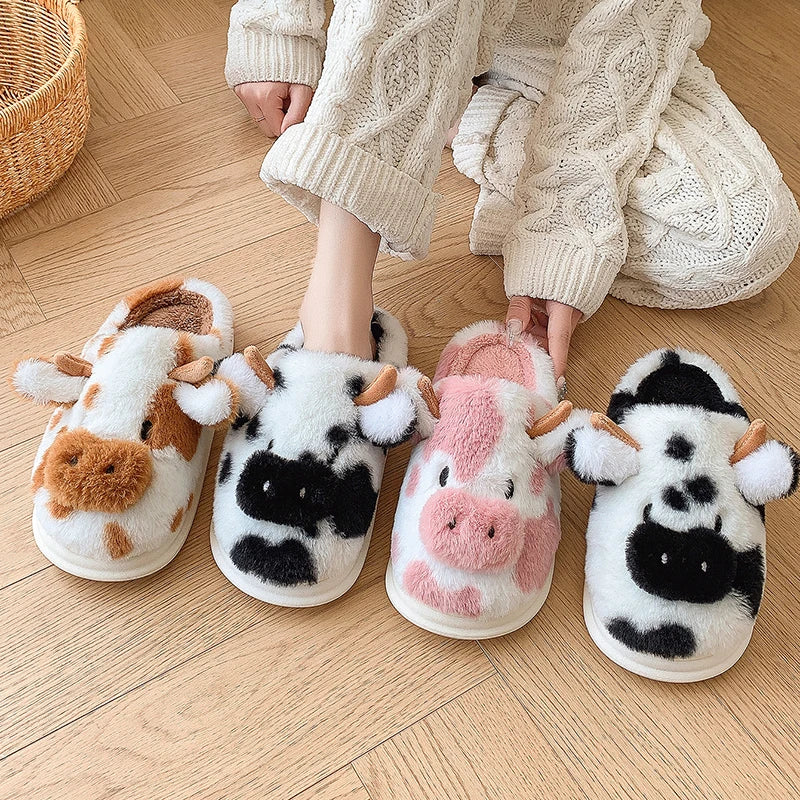 Women's Fluffy Cow Slippers Plush Winter Home Slides Comfort
