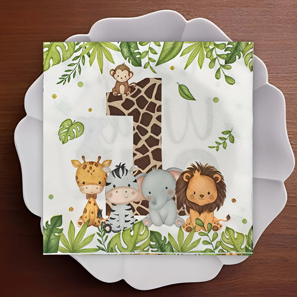 20Pcs/Bag Jungle Animals ONE Printed Napkins Wedding Birthday Baby Shower Party Paper Tissues Camping Hotel Table Napkins