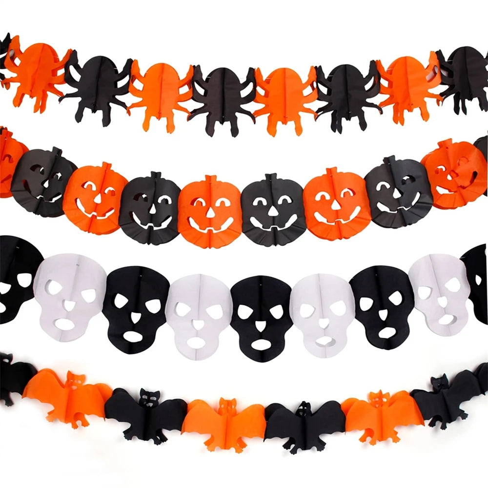 Halloween Paper Banner Spider Pumpkin Ghost Bat Paper Chain Halloween Decoration Garland Banner Paper Pull Flower Party Supplies