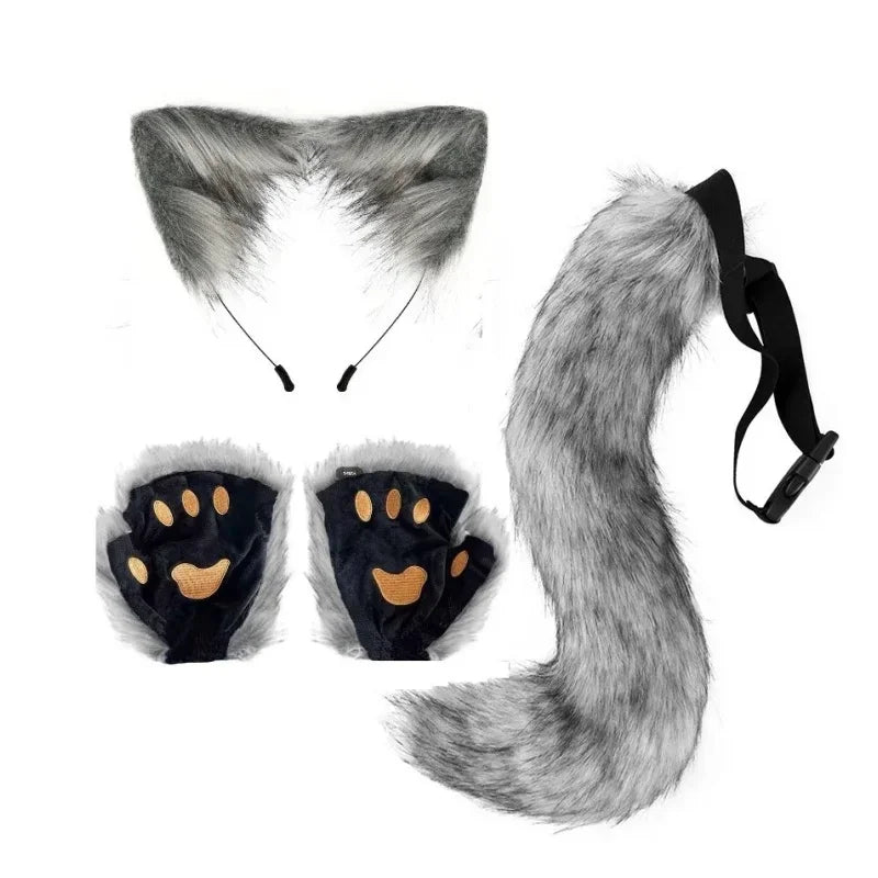 FluffyAnime Animal Fur Fox Tail Cat Paws Gloves and Ears Headwear Face Mask Cosplay Costume  Set Halloween Party Accessorie