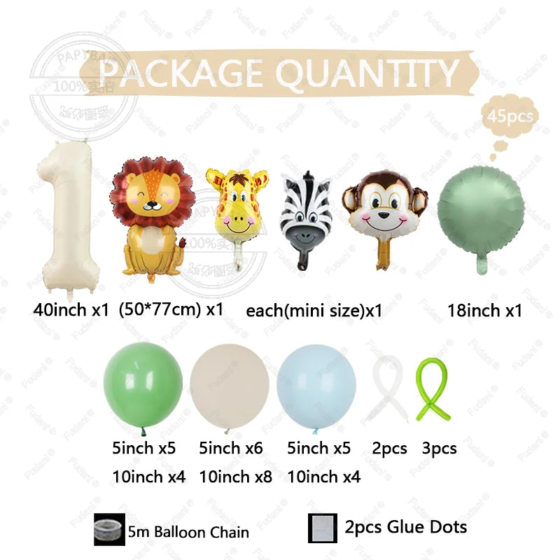 45pcs Lion Giraffe Balloon Cream White Number Birthday Balloon Set Jungle Animal Theme Birthday Party Decoration Suprise Gift