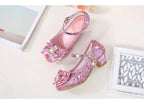 Princess Kids Leather Shoes for Girls Flower Casual Glitter Children High Heel Girls Shoes Butterfly Knot Blue Pink Silver