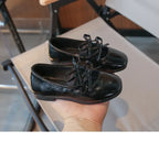 Kids Square Dance Performance Shoes Black Solid Color Girls Princess Shoe with Double Bow 2024 New Girls Leather Shoes Soft Sole