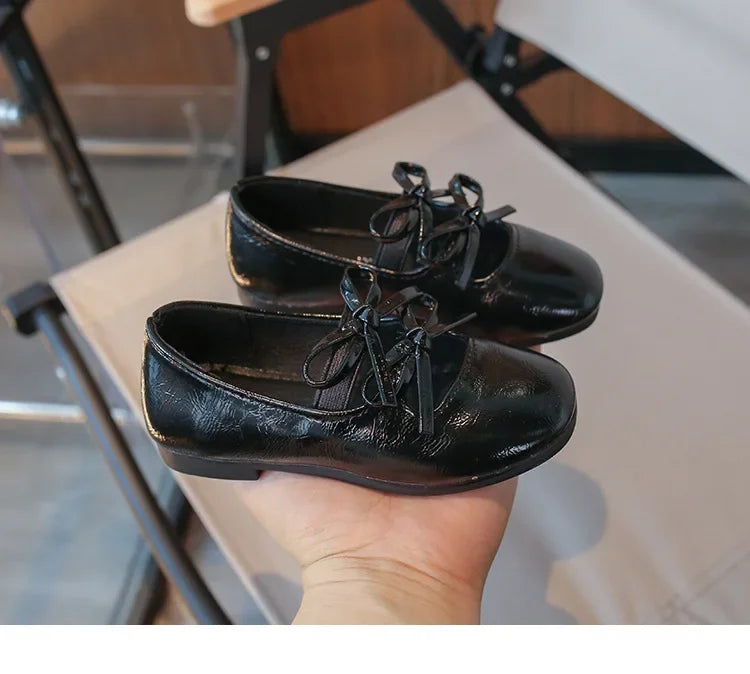 Kids Square Dance Performance Shoes Black Solid Color Girls Princess Shoe with Double Bow 2024 New Girls Leather Shoes Soft Sole