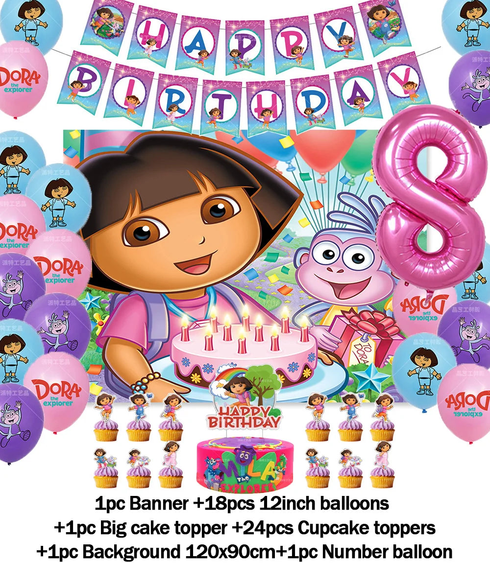 Cartoon-Dora-The-Explorer Theme Kids Birthday Party Digital Balloon Banner Background Cake Topper Decoration Supplies Baby Gifts