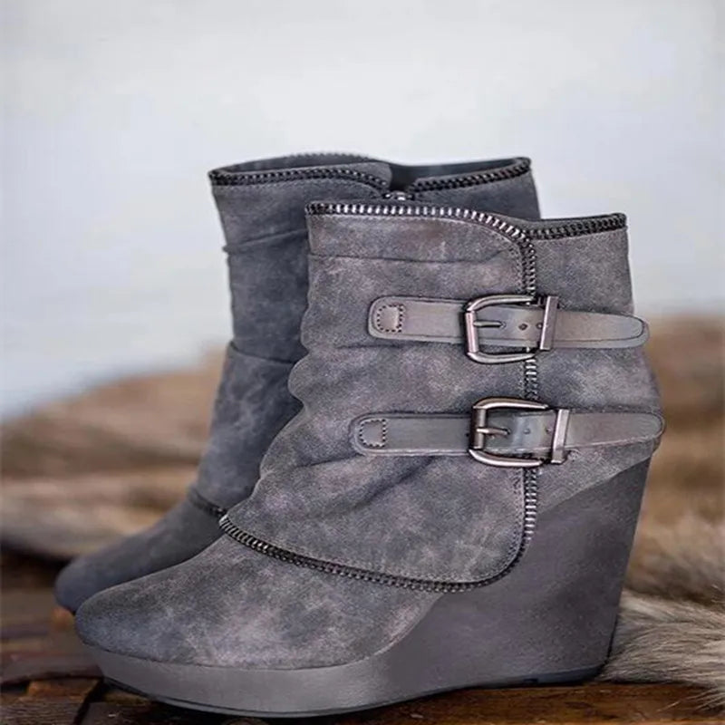 2025 New Women's Boots Zip Womens High Heels Suede Fashion Wedge Heels Durable Retro Women Ankle Boots Round Head Bottes Femmes