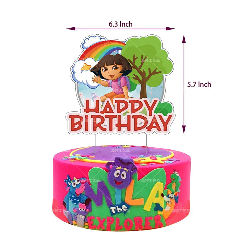 Cartoon-Dora-The-Explorer Theme Kids Birthday Party Digital Balloon Banner Background Cake Topper Decoration Supplies Baby Gifts