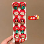 10Pcs/Set Kids Girls Christmas Hair Ties Cute Santa Claus & Reindeer Design Festive Hair Accessories Holiday Parties Decorations