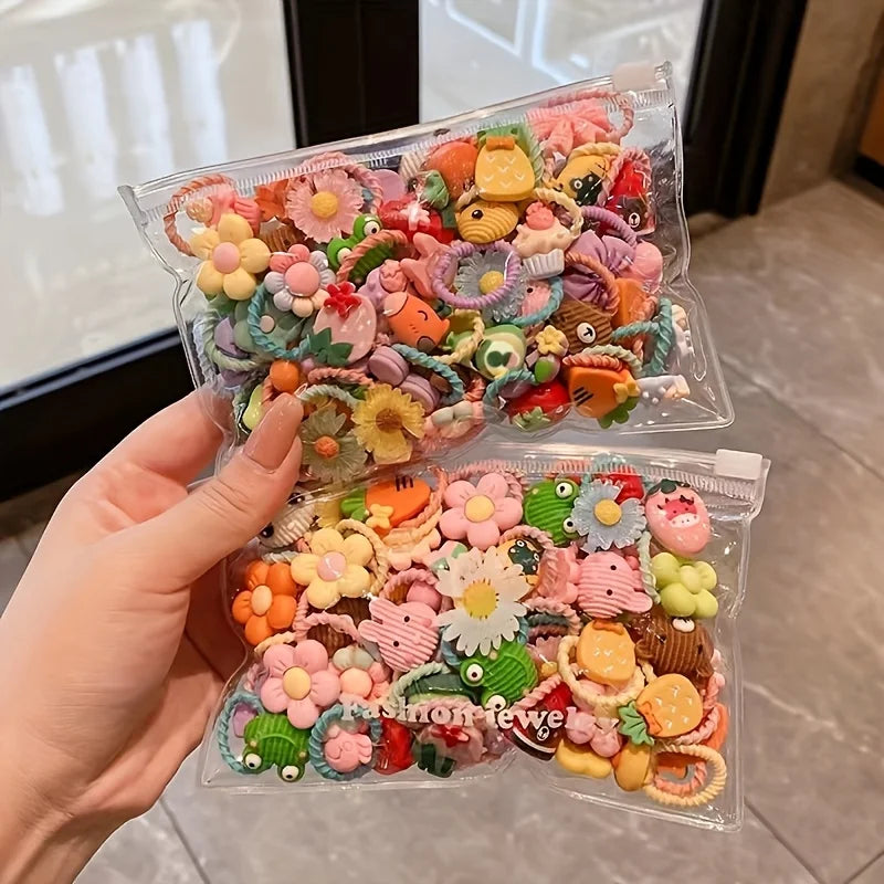 50pcs Cartoon Animal & Fruit Hair Ties - Colorful Woven Headbands for Girls  Polyester Material, All-Season Use Festive Gift