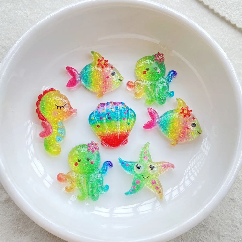 20Pcs Cute Resin Cartoon Shell, Starfish, small fish, seahorse, for Scrapbooking, Wedding Decor & DIY Jewelry Making Accessories