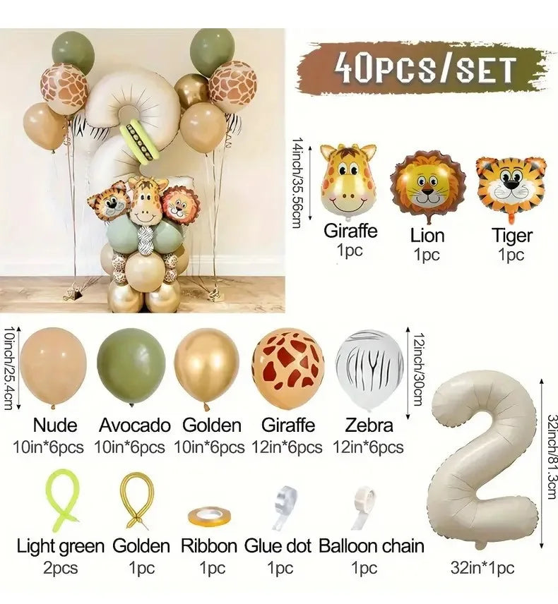 40 pieces new jungle retro animal balloons for kids birthday number 12345  party decoration set with digital columns Tiger Lion