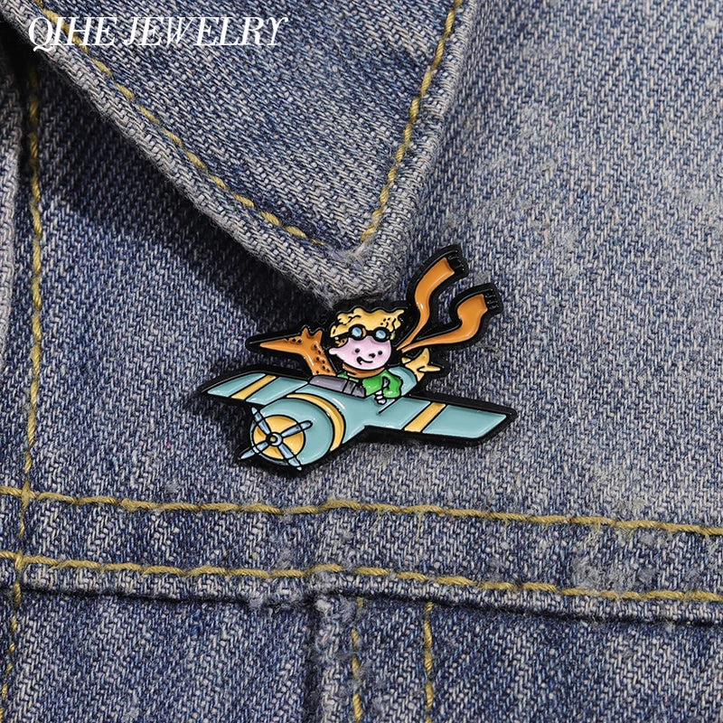 Cartoon Boy & Fox Plane Airplane Pilot Enamel Pins Fairy Tale Characters Brooches Bags Lapel Badge Jewelry Gift for Kids Friends