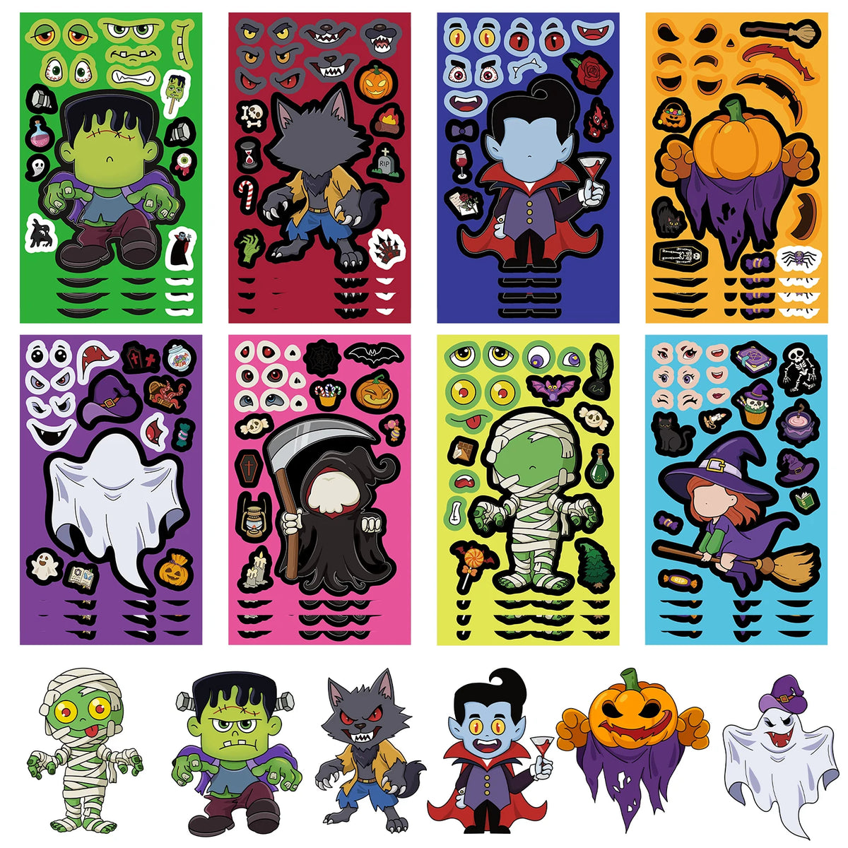 32Sheets Halloween Make a Face Puzzle PVC Sticker Kids Party Favors Gift Toy DIY Pumpkin Ghost Assemble Jigsaw Educational Game