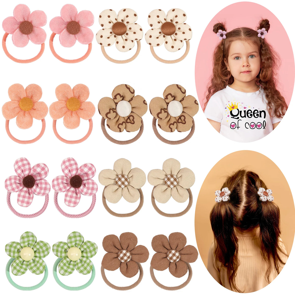 8/10Pcs Boutique Childrens Hair Ties with Flowers, Hair Bow Ties for Girls, Elastics Ponytail Holders Pigtails Rubber Band