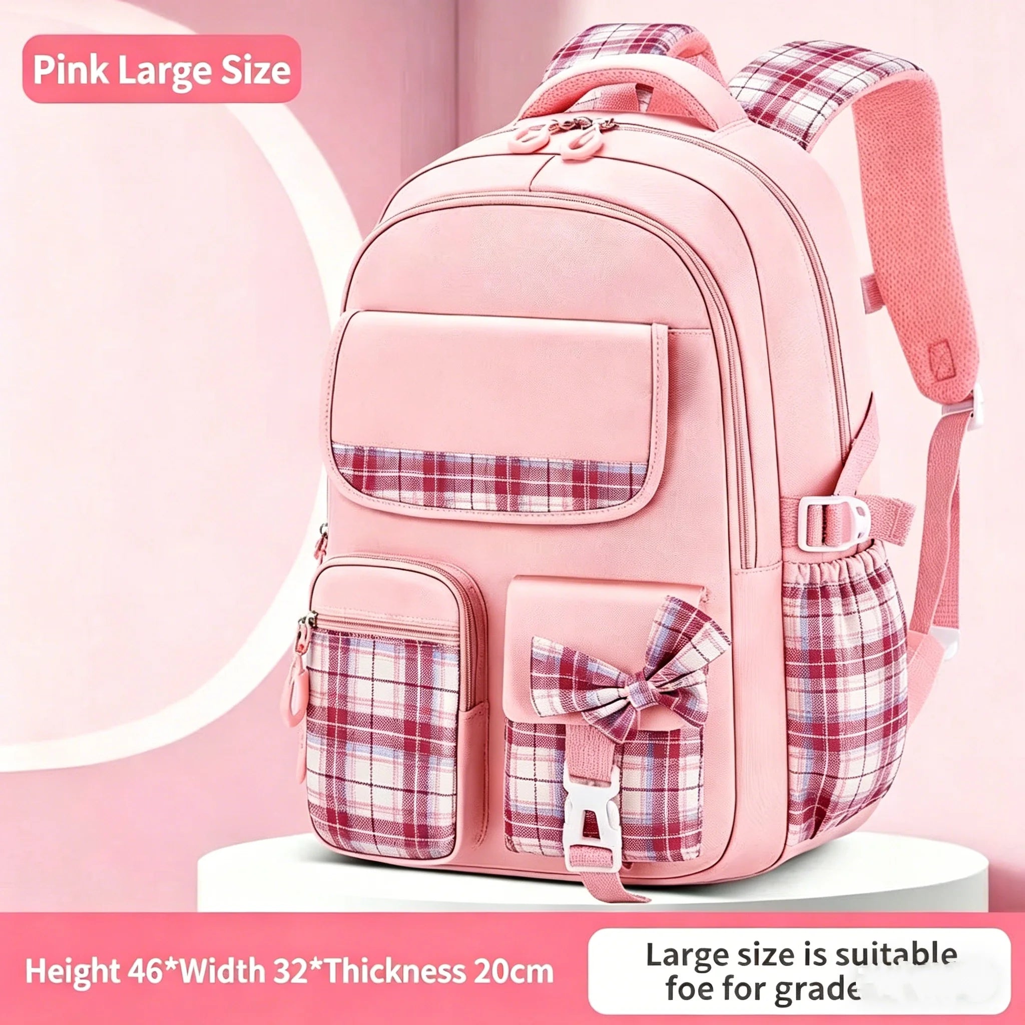 Protecting The Spine Ergonomics Elementary School Students Girls Checkered Backpack Large Capacity Lightweight Waterproof
