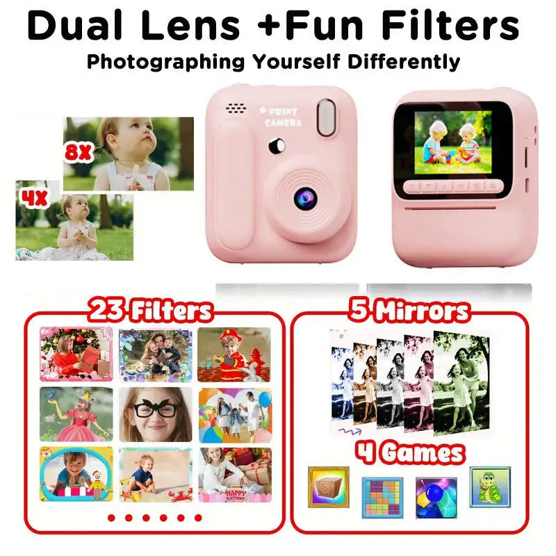 Kids Instant Camera Color Printing Camera 32GB 1080P Thermal Print Toys Camera Print Photo Video Games Music Children Gift