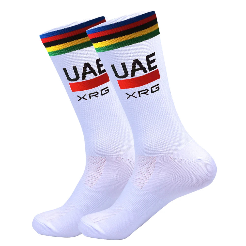New UAE Cycling Socks rTeam Bike Nurse Compression Road Bike Running Mtb Knee-high White Sports Running Football Socks